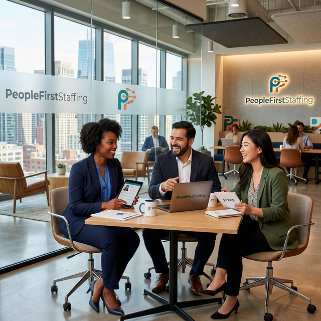 PeopleFirstStaffing Branded Modern Office with Staff